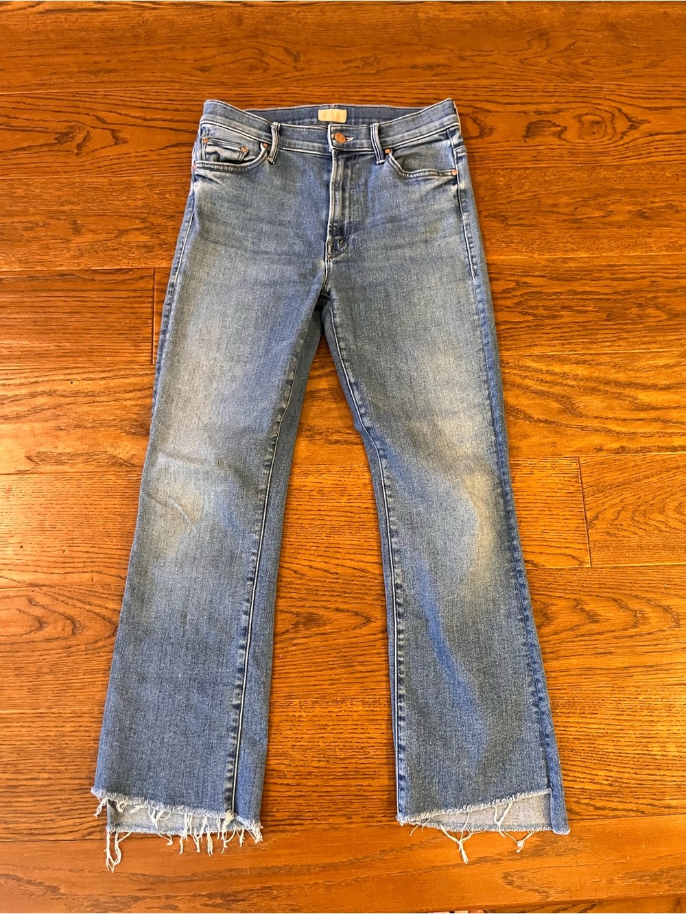 MOTHER Insider Crop Step Fray Light Blue Flare Jeans with Raw Hem